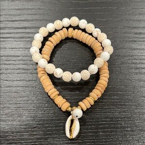 Tan and White Beaded Bracelet Set
